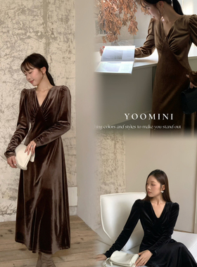YOOMINI-修身丝绒氛围高级感优雅淑女长裙2025秋连衣裙M16764-SR