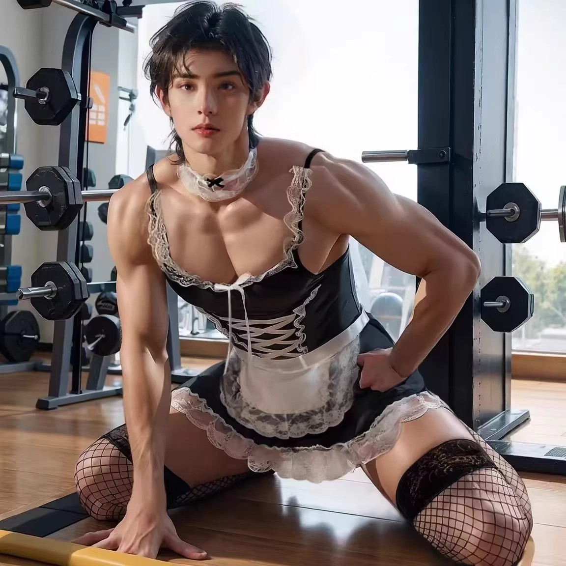 大码吊带三点式男仆装cos性感加大伪娘女装大佬男仆cos服女仆家居