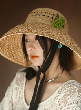 MING 忧郁的热带 l 浪漫原野拉菲草帽手工钩花原创大檐出游遮阳帽