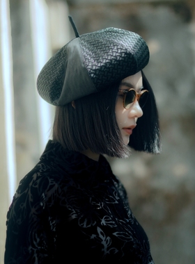 MING 觉醒的南瓜 l 编织拼接中古蜡布秋冬质感百搭黑色南瓜贝雷帽