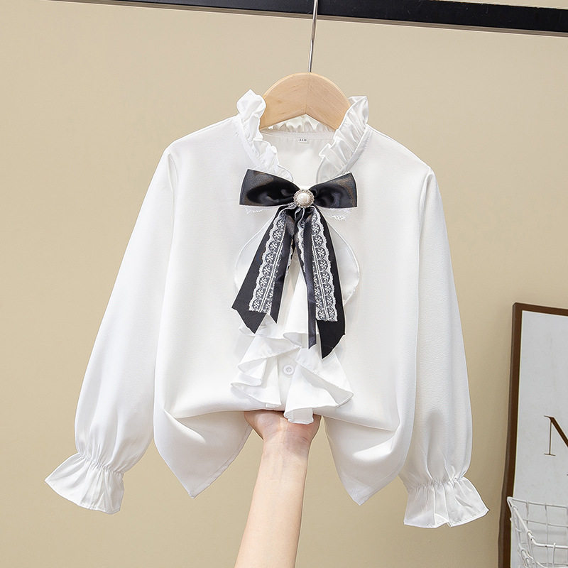春秋女童衣服中大童雪纺长袖衬衫立领公主衬衣白色2025学校表演服