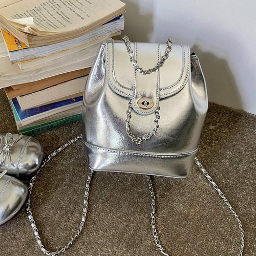 韩国小众春季新款小香风链条银色双肩包女ins博主手提小背包旅行