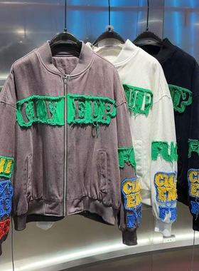 678-680 素3 冬季潮牌男女短宽洗水牛仔贴布绣羽绒服外套 YR3889