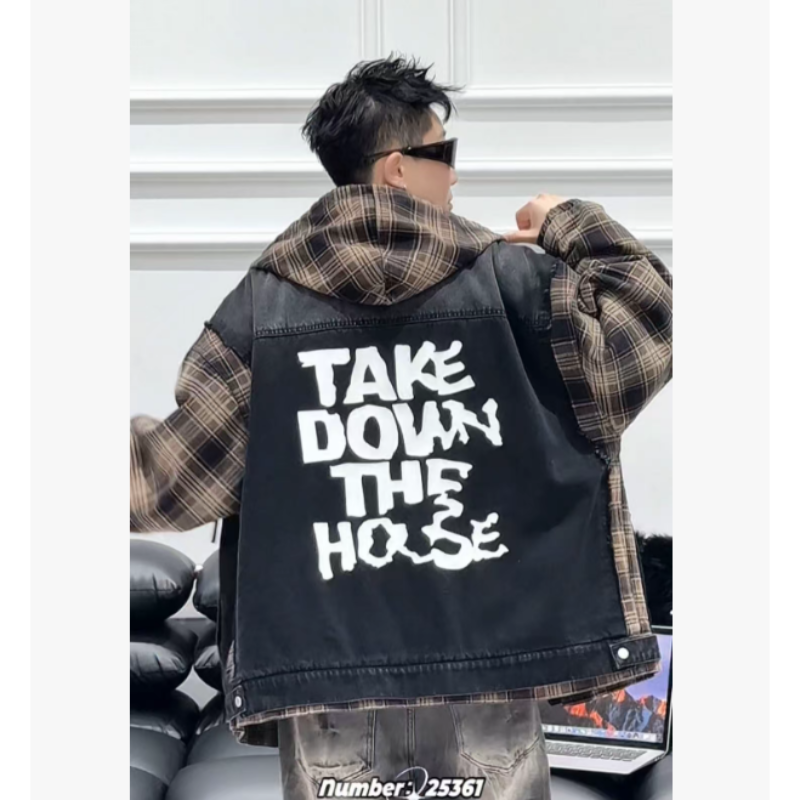 988 素3 秋冬男女加绒加厚水洗格子拼接牛仔连帽夹克外套 MF25361