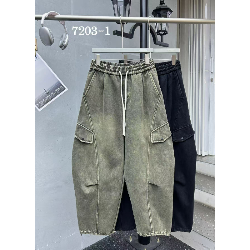 528-529素3潮牌男女冬季水洗宽松弯刀加绒加厚牛仔长裤 KZ7203-1