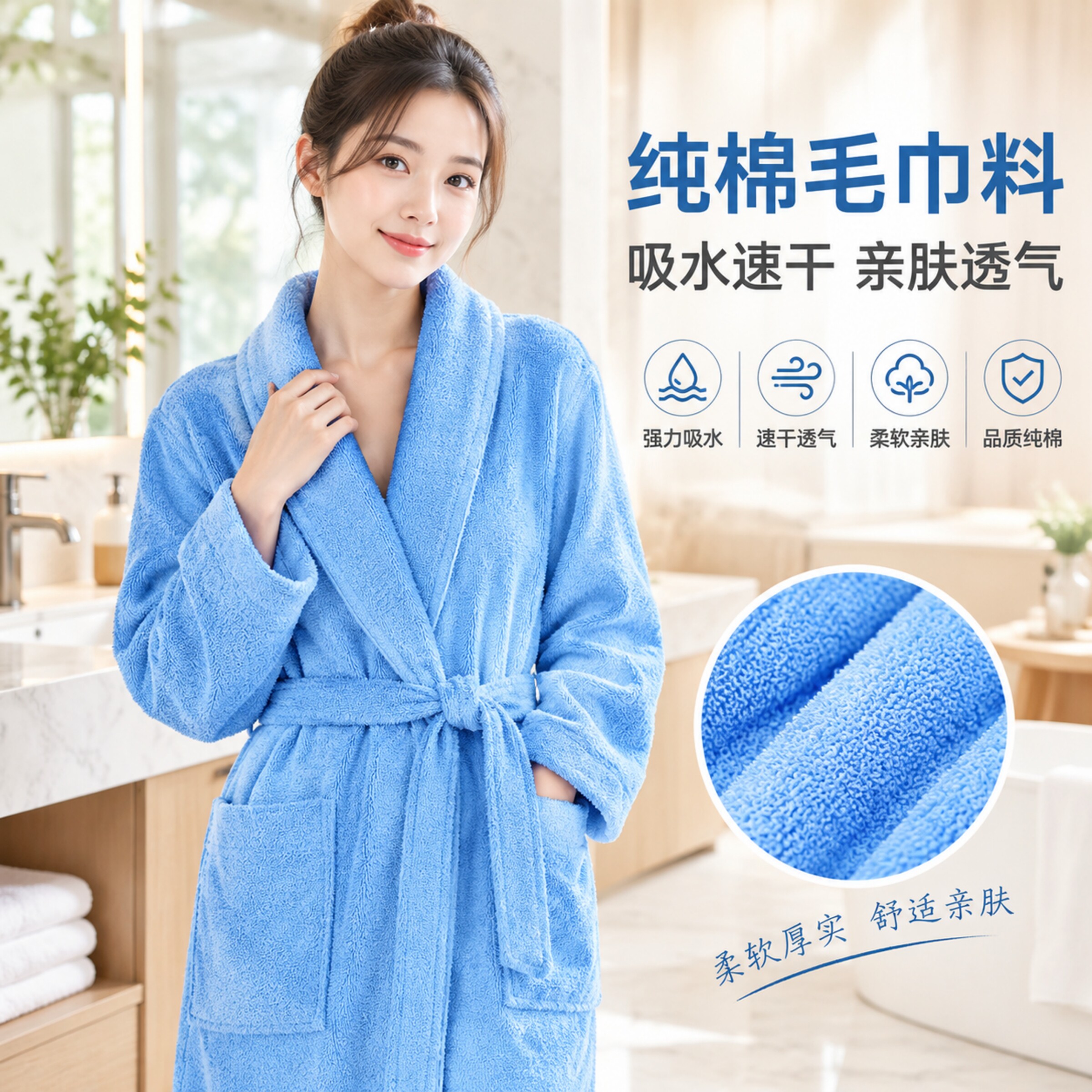 纯棉浴袍毛巾料女吸水速干睡袍男全棉春夏秋冬厚款成人浴衣式浴巾