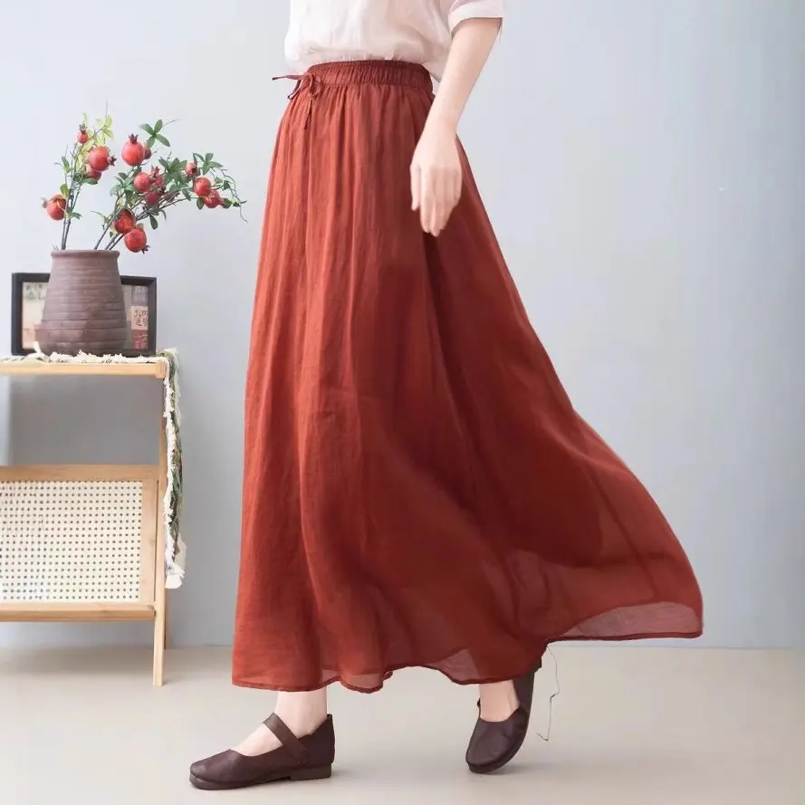 纯苎麻半身裙 2025春季新款 飘逸双层百搭纯色松紧腰长裙女82502