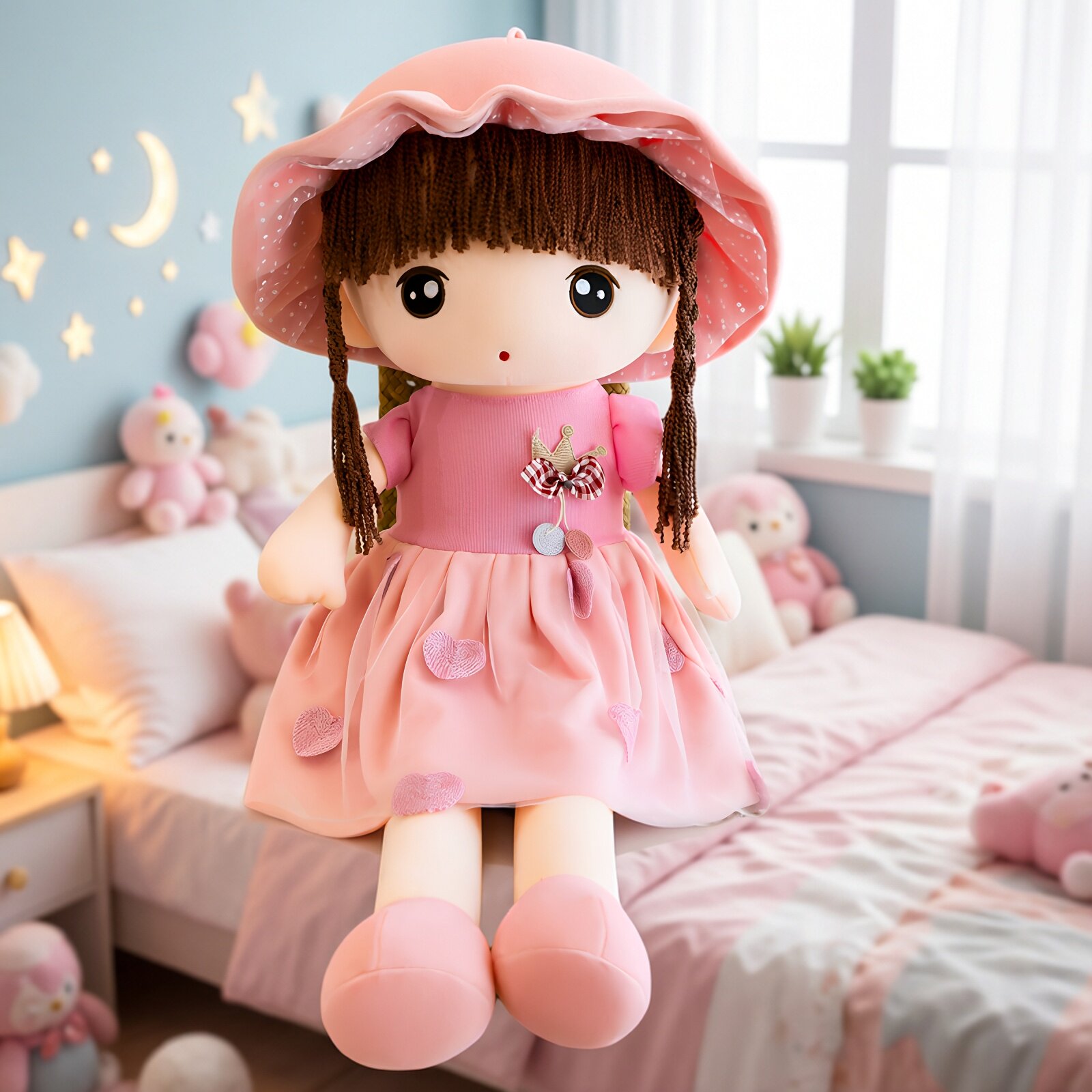 可爱粉色小女孩儿童毛绒玩具玩偶布娃娃公仔陪睡抱枕生日礼物女生