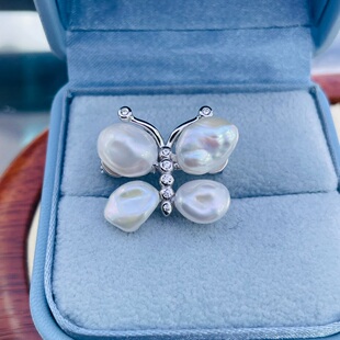 精工纯银S925重工厚实胸针蝴蝶风格配8-9或巴洛克再生珍珠