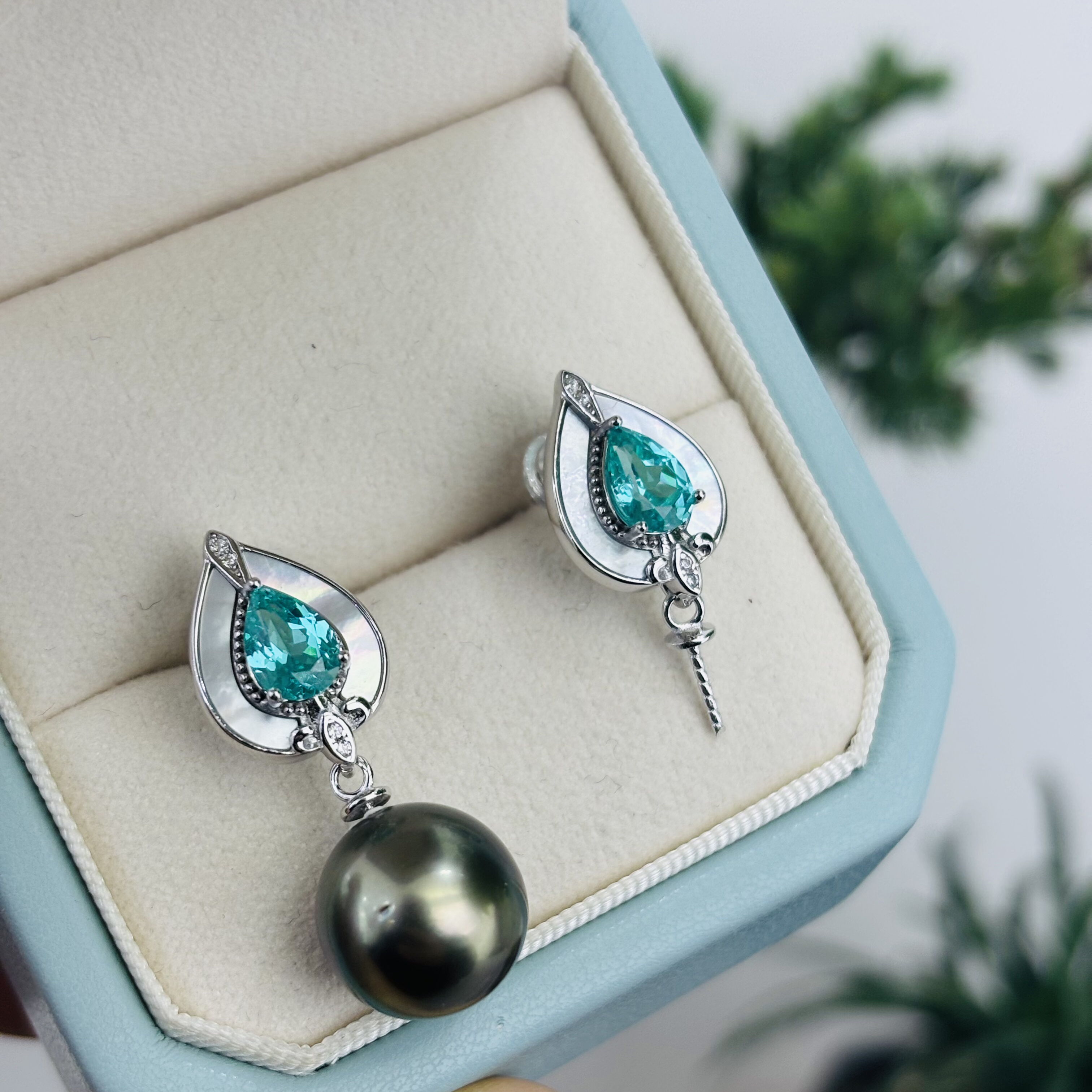 帕拉伊巴色系纯银精工diy贝壳耳钉珍珠配件可配10-11-12-13mm珍珠