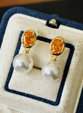 S925纯银精工橙色锆石夏日清凉耳钉空托配件配8-9-10-11-12-13mm