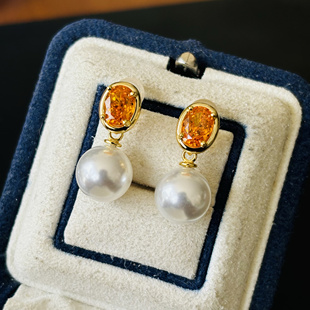 S925纯银精工橙色锆石夏日清凉耳钉空托配件配8-9-10-11-12-13mm