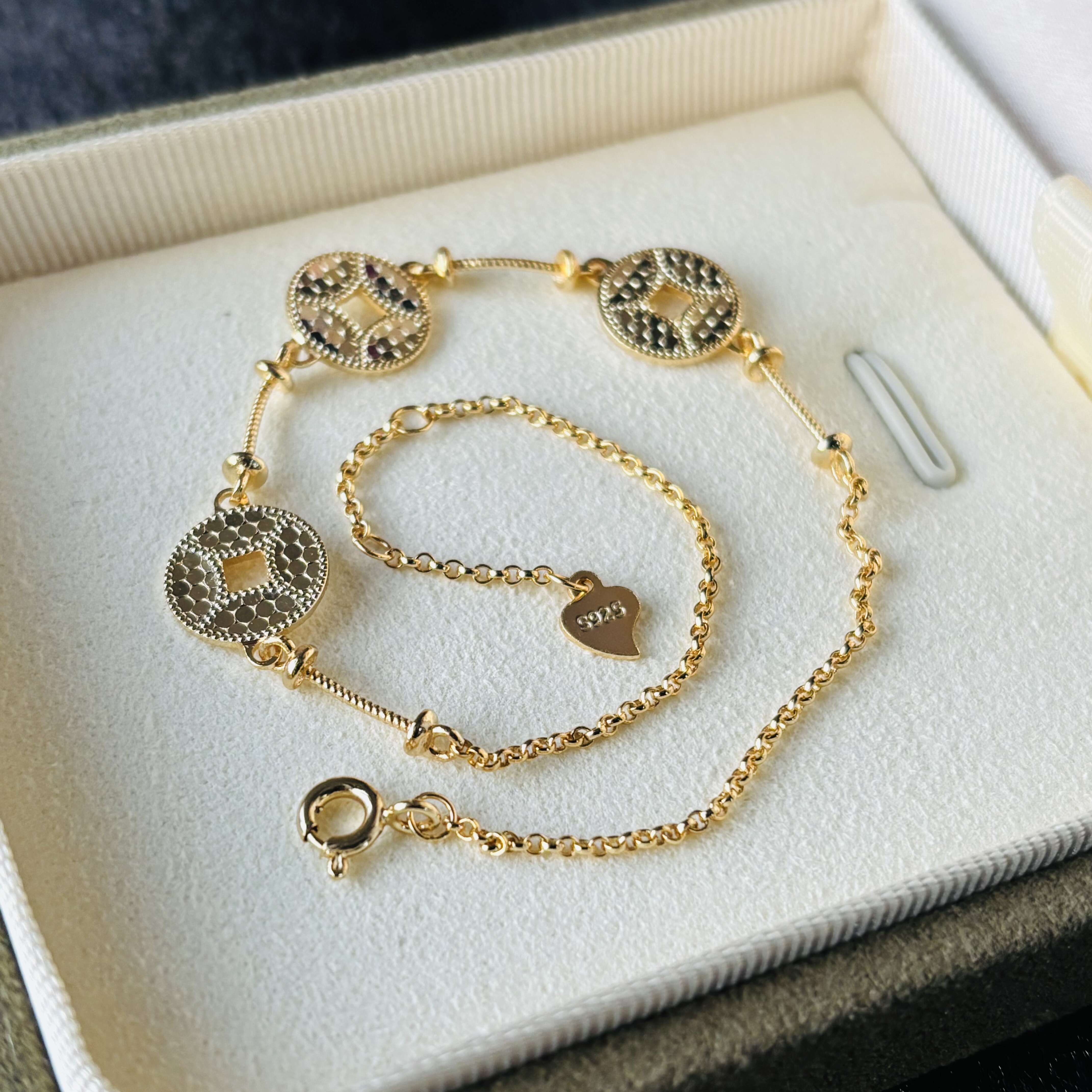 s925纯银新中式铜钱盘缠diy珍珠手链配件22cm可配7-8-9mm珍珠通孔