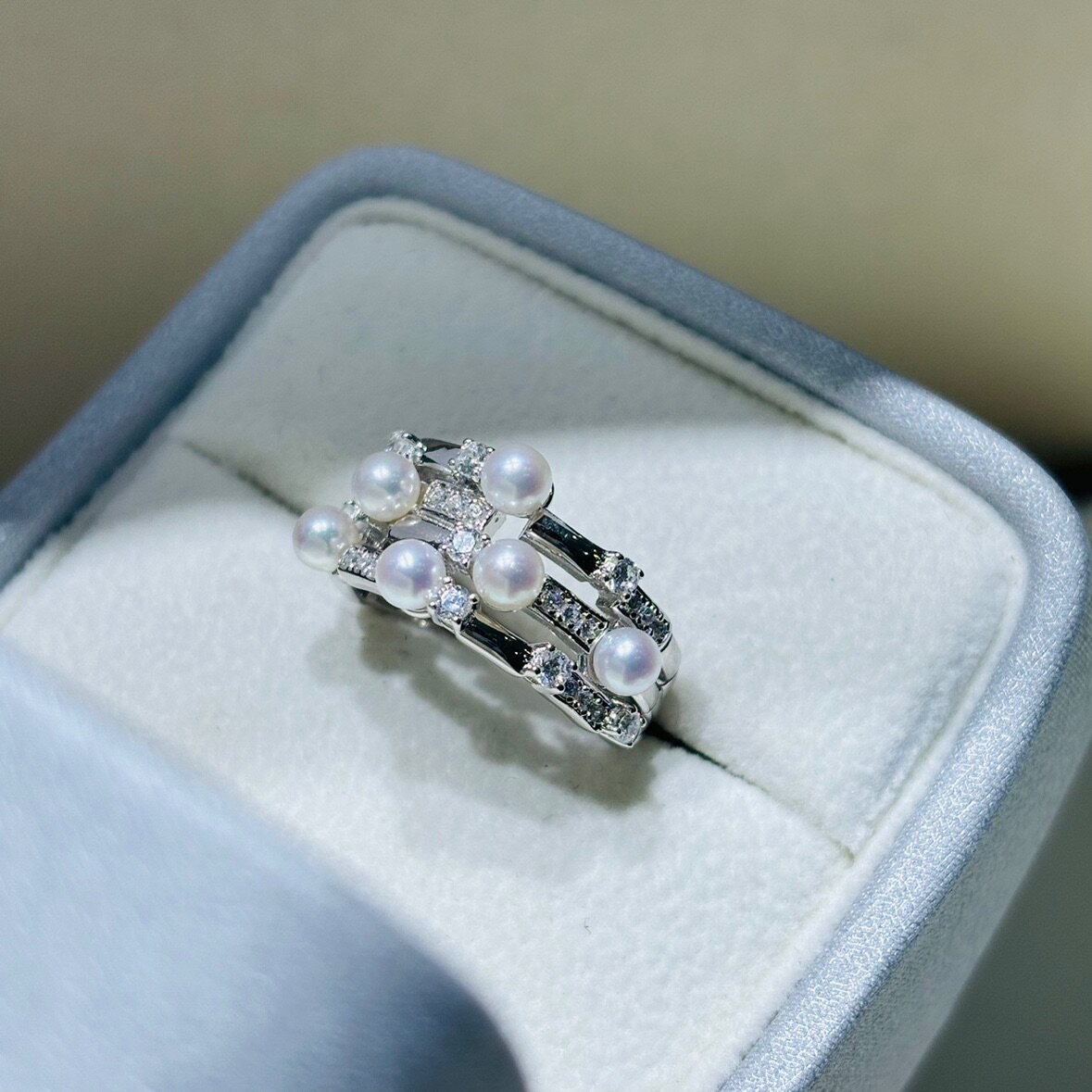 国内精工S925纯银锆石多层多珠戒指空托配件可配3.5-4mm珍珠