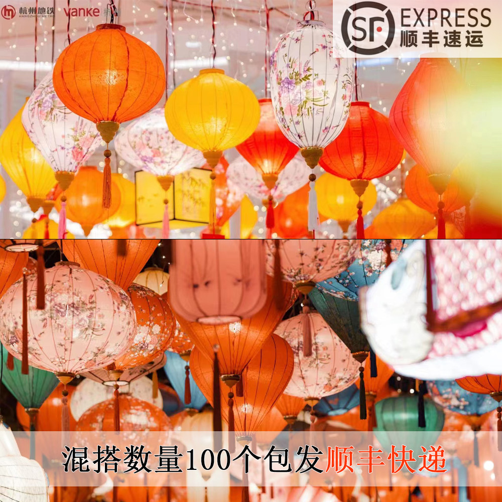 网红打卡仿古典风钻石飞蝶蝴蝶花大红装饰灯笼商场新春中秋户外