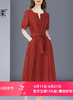 法式V领慵懒风知性绑带收腰连衣裙夏季爆款显高A字氛围感女神裙子