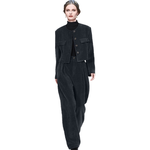 欧美高端大牌范时尚套装2025秋季新款圆领短外套宽松阔腿裤两件套