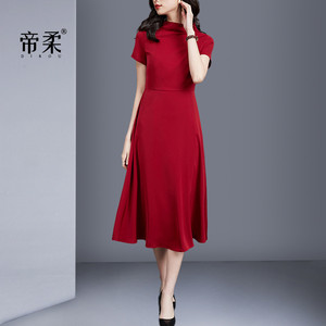 2026夏新款时尚简约名媛小红裙复古连衣裙女气质修身显瘦中长裙子
