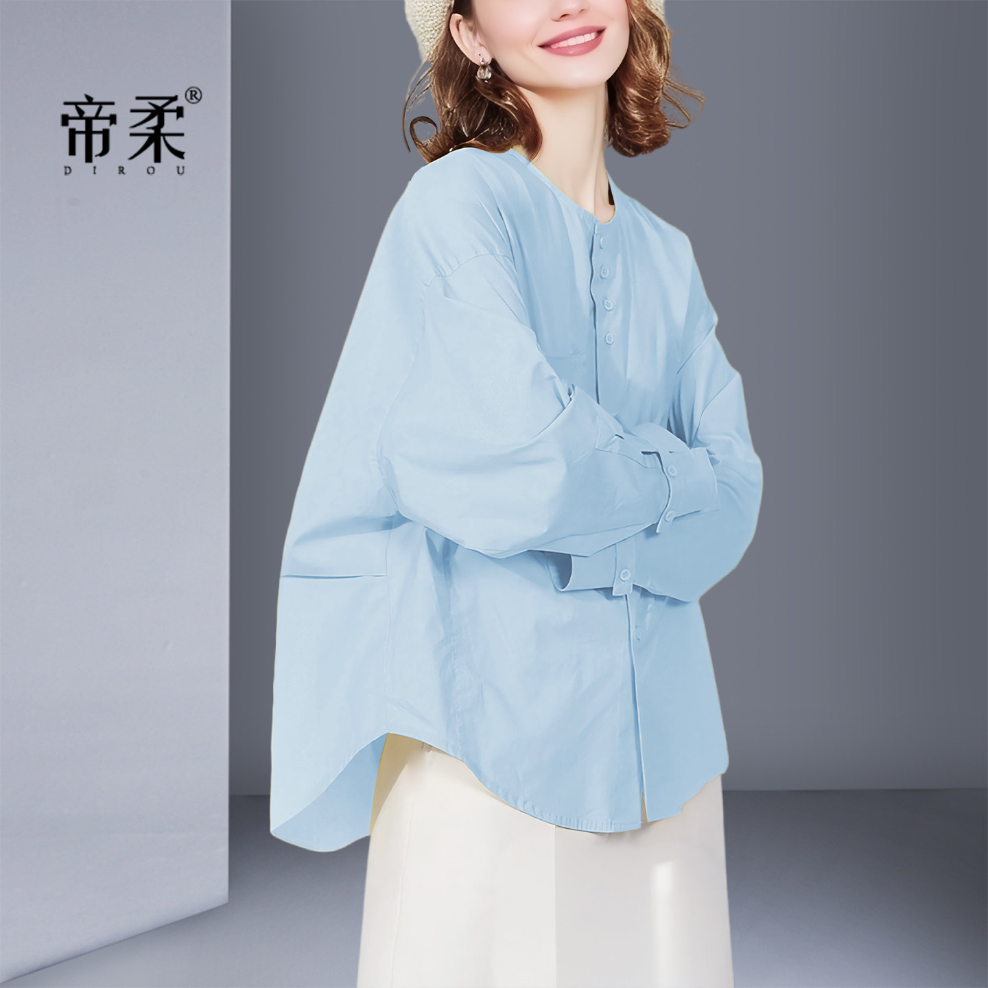 闲洋气百搭宽松小众衬衣女圆领图片