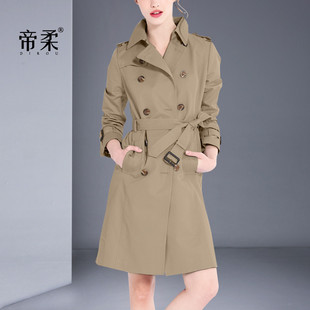 女装 欧美流行时尚 中长款 风衣2026春秋新款 收腰显瘦双排扣外套 修身