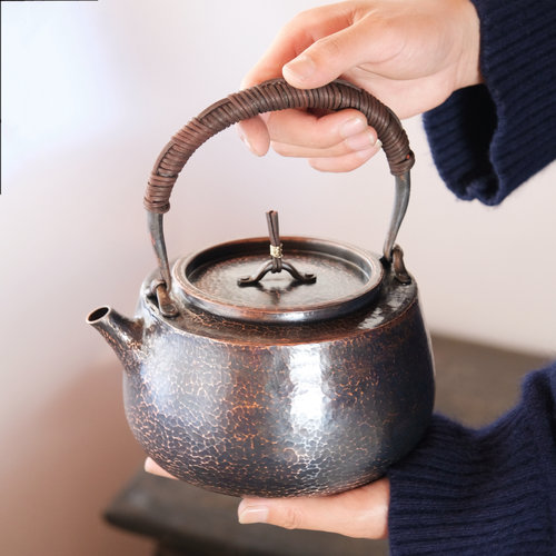 一体铜壶一张铜打手工锤纹铜壶紫铜壶烧水煮茶壶复古黑色纯铜茶壶