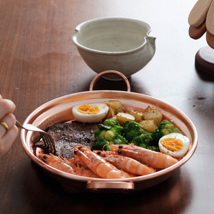 云南手工平底锅烤盘 紫铜锤纹双耳盘子可进烤箱早餐甜点盘料理盘