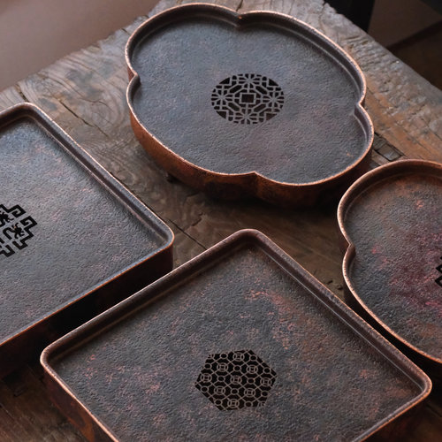 苏式窗花紫铜大号茶台 手工纯铜加厚茶盘干泡台壶承沥水茶海茶船