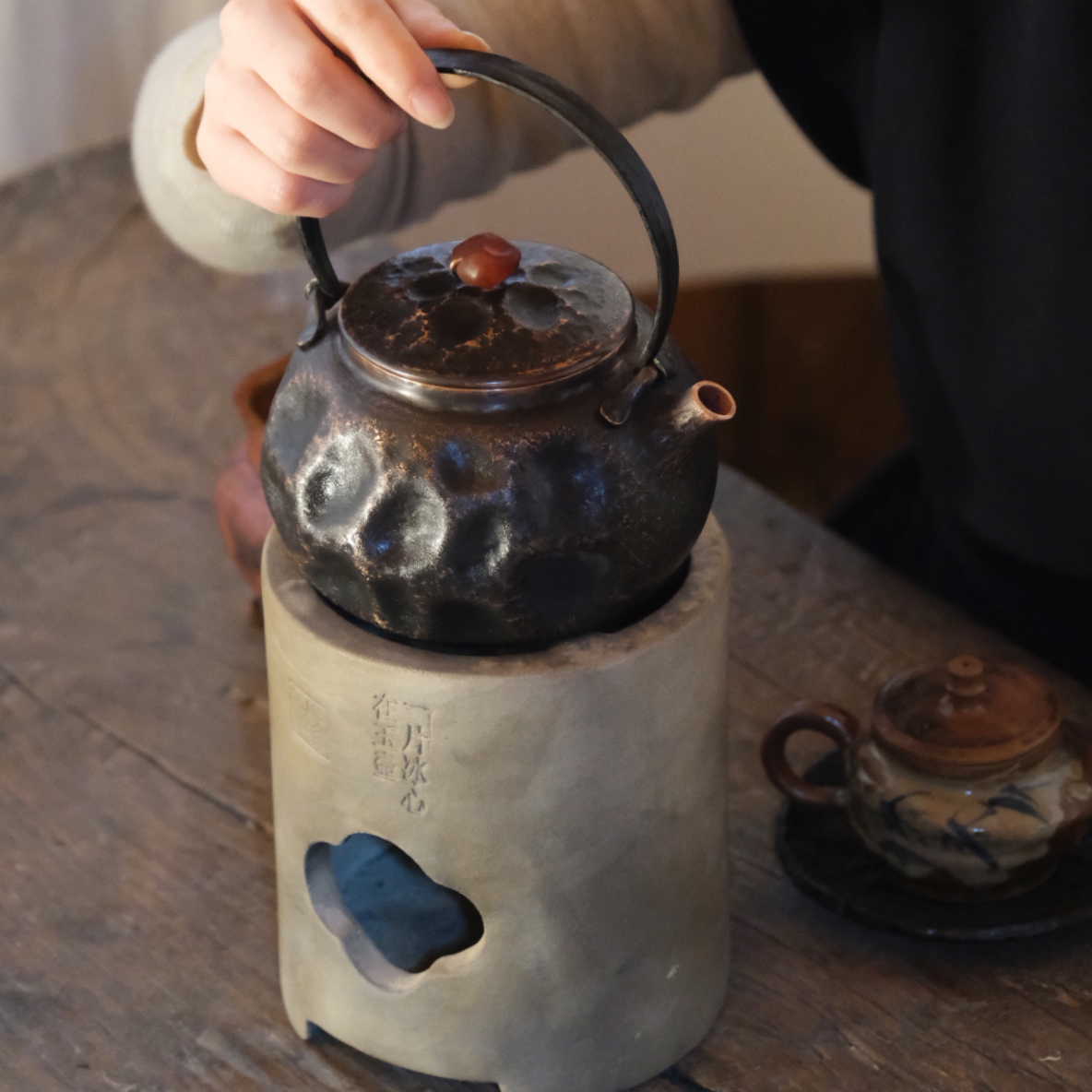 小胖橘壶 岩肌纹铁提梁一张铜口打出纯手工铜壶 紫铜烧水壶煮茶壶