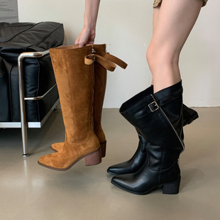 2025高筒美式西部牛仔靴大筒围推推靴子辣妹尖头骑士靴女粗跟