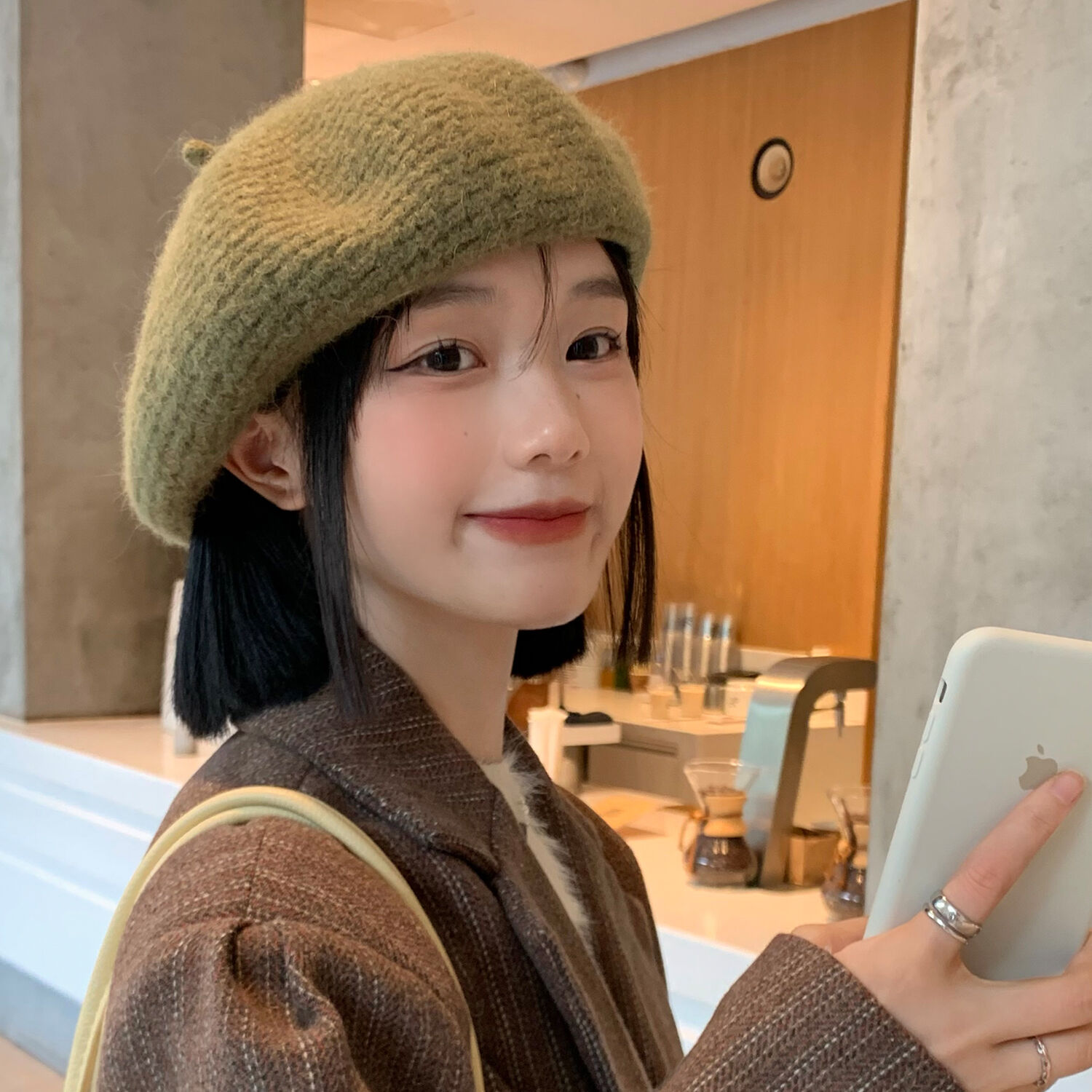 贝雷帽假发一体女短发针织毛绒画家帽秋冬日系时尚显脸小百搭蓓蕾