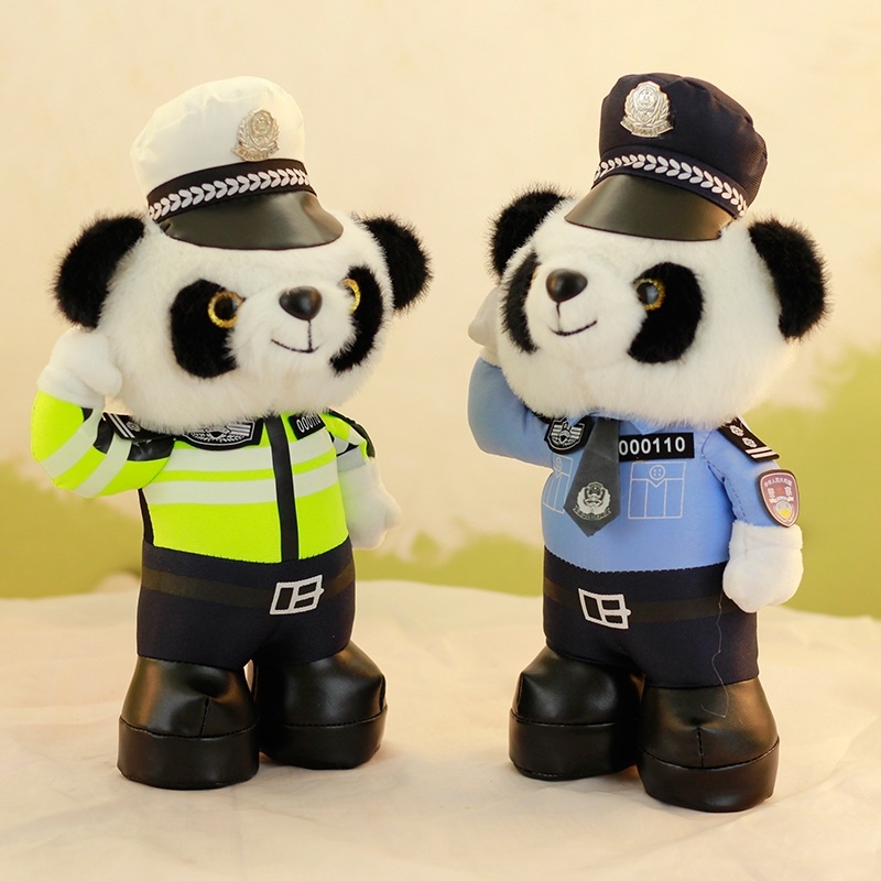 站版警察熊猫公仔敬礼交警熊猫玩偶布娃娃毛绒玩具交通安全日礼物