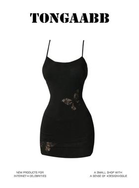 TONGAABB性感辣妹镂空刺绣蝴蝶黑色吊带连衣裙女春夏显瘦包臀短裙