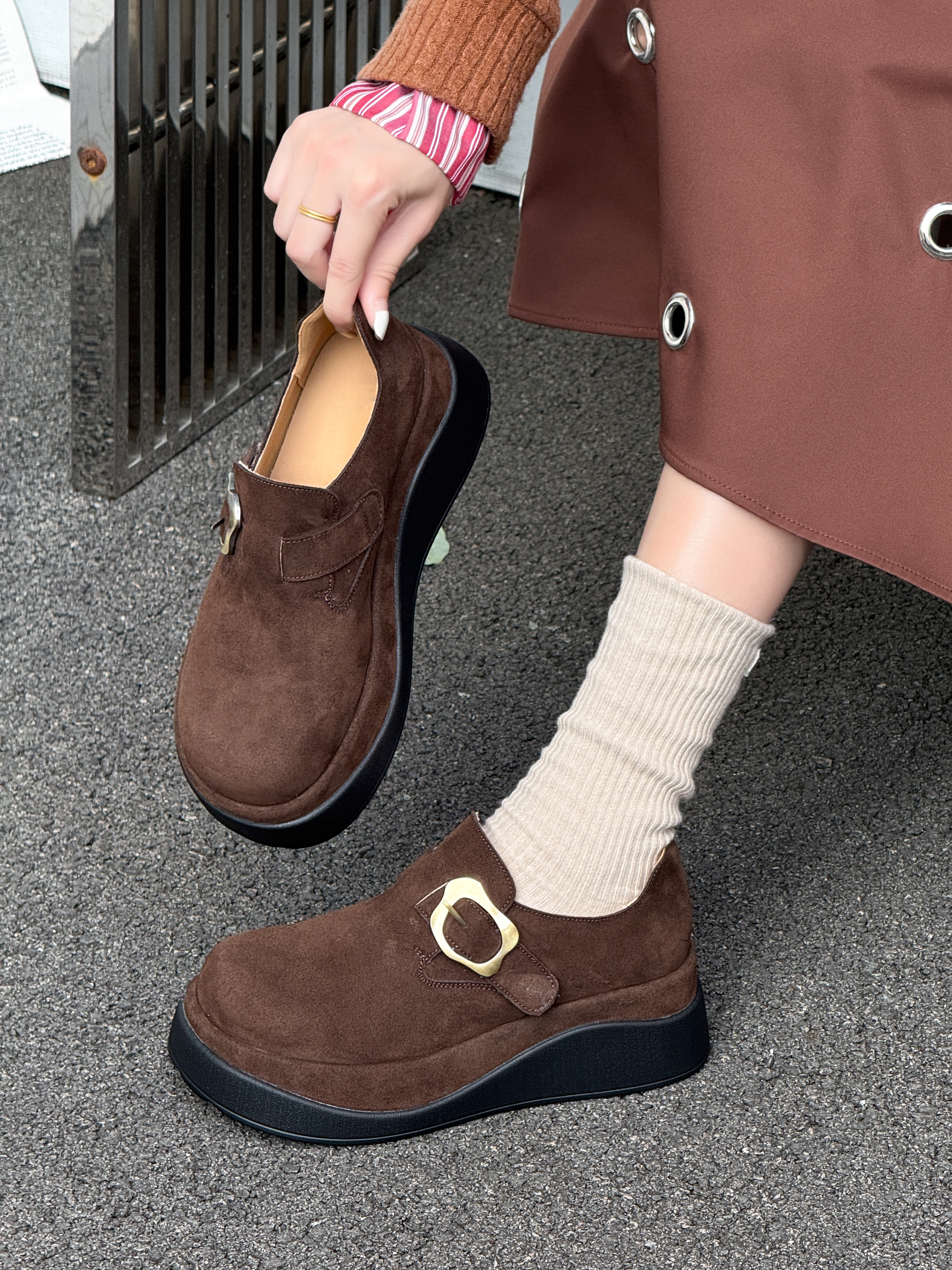 2025新款厚底懒人鞋磨砂皮复古软底勃肯鞋子女鞋百搭真皮轻便88-2