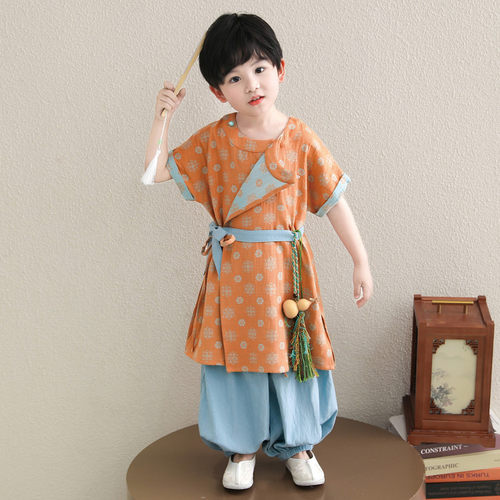 儿童新中式国风唐制棉纱圆领袍汉服套装男女童姐弟兄妹日常洋气夏