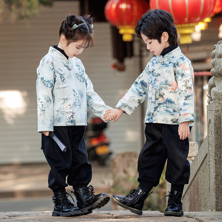 儿童汉服男童秋冬套装中国风加绒古装唐装拜年服幼儿园元旦表演服
