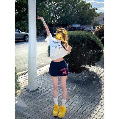 美式藏青色运动短裤女外穿夏季