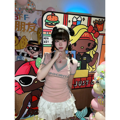 纯棉紧身收腰深V领短袖T恤女夏季设计感小众修身显瘦辣妹短款上衣