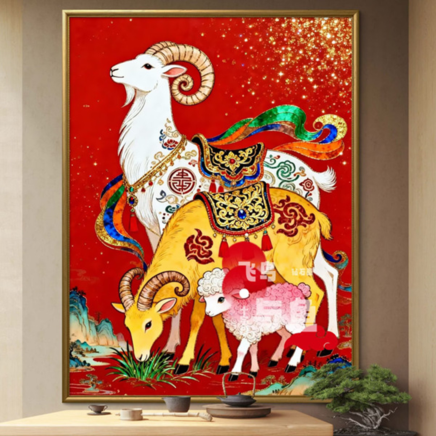 中国风动物山羊三羊开泰钻石画方钻圆钻自己贴钻自己绣满绣十字绣