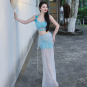 佐寒梦璐肚皮舞新款 显瘦表演服练功服性感气质网纱 高级蓝演出套装
