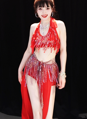 佐寒梦璐肚皮舞新款高级红色演出套装显瘦表演服性感气质班服大码
