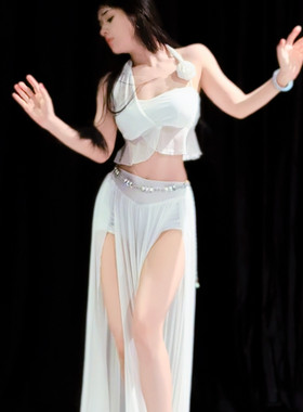 佐寒梦璐肚皮舞新款高级演出套装显瘦表演服性感气质班服长裙白色