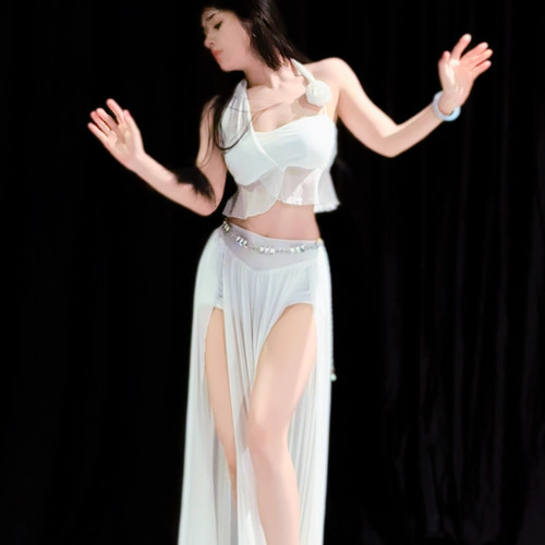 佐寒梦璐肚皮舞新款高级演出套装显瘦表演服性感气质班服长裙白色