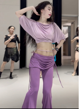 佐寒梦璐肚皮舞新款高级演出套装显瘦日常气质班服紫色撞色裤子