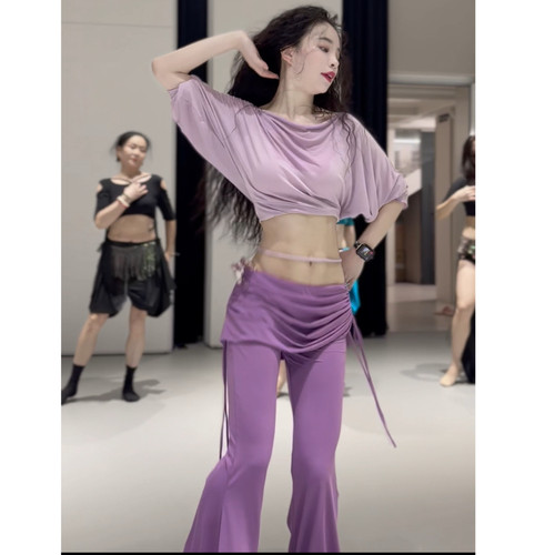 佐寒梦璐肚皮舞新款高级演出套装显瘦日常气质班服紫色撞色裤子
