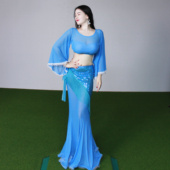 佐寒梦璐肚皮舞新款 显瘦表演服气质班服 高级蓝色鱼尾裙演出套装