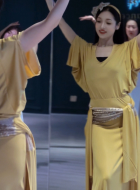 佐寒梦璐肚皮舞新款高级大码演出套装显瘦表演服黄色班服袍子