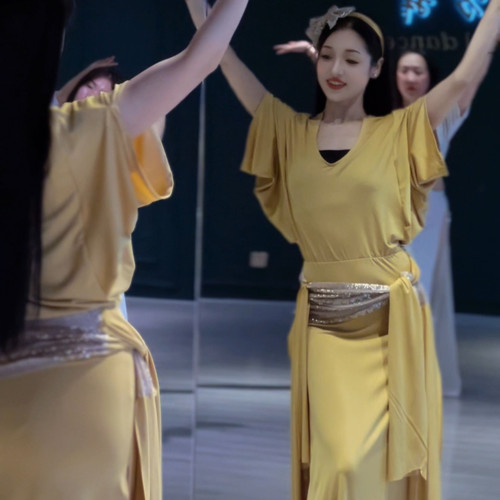 佐寒梦璐肚皮舞新款高级大码演出套装显瘦表演服黄色班服袍子