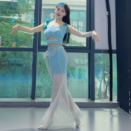 佐寒梦璐肚皮舞新款高级蓝色演出套装显瘦表演服性感气质班服大码