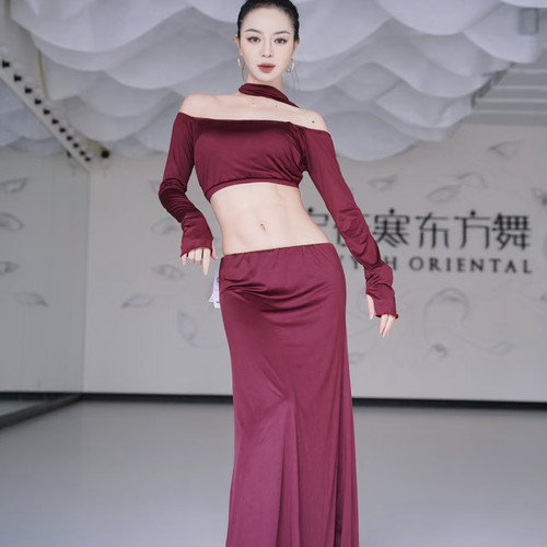 佐寒梦璐肚皮舞套装女长袖长裙东方舞练功服演出服包臀女人味