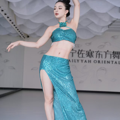 佐寒梦璐肚皮舞演出服高端性感亮片流苏长裙套装舞蹈服练功服